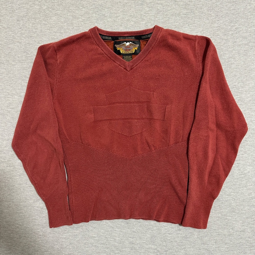 Vintage 90s Harley Davidson Rust Tonal Bar Shield‎ Knit V-Neck Sweater Womens M